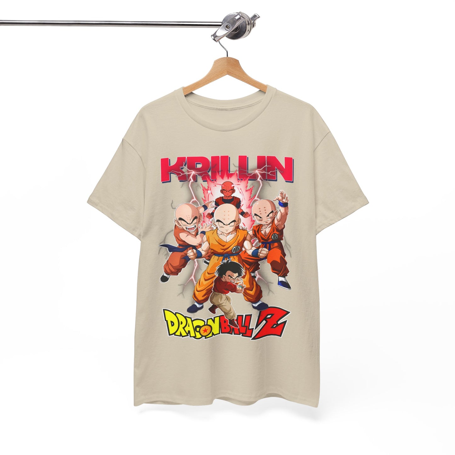 Refined Dragon Ball Z T-shirt hanging on display, artfully presenting Krillin in an action scene, designed for a luxurious fan experience.