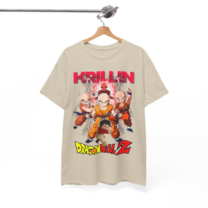Refined Dragon Ball Z T-shirt hanging on display, artfully presenting Krillin in an action scene, designed for a luxurious fan experience.