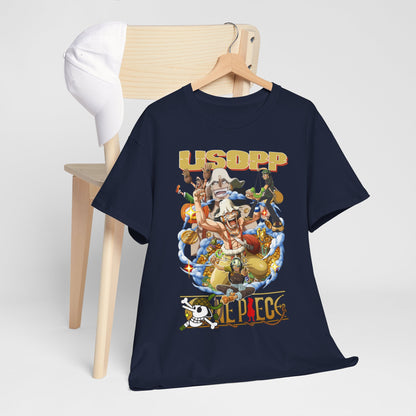 Stylish navy t-shirt draped over a chair, prominently featuring a detailed graphic of Usopp alongside iconic anime elements, embodying a luxurious touch for casual wear.