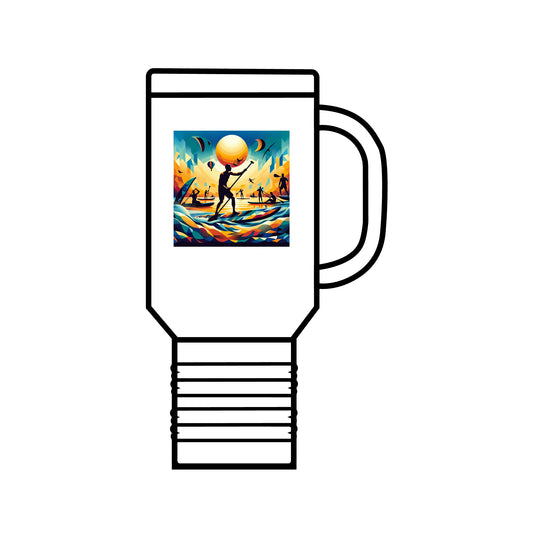 Fantasy Paddleboarding Insulated Travel Mug featuring an artistic design of paddleboarding at sunset, showcasing its stylish 40oz stainless steel construction with double-wall insulation for all beverages.