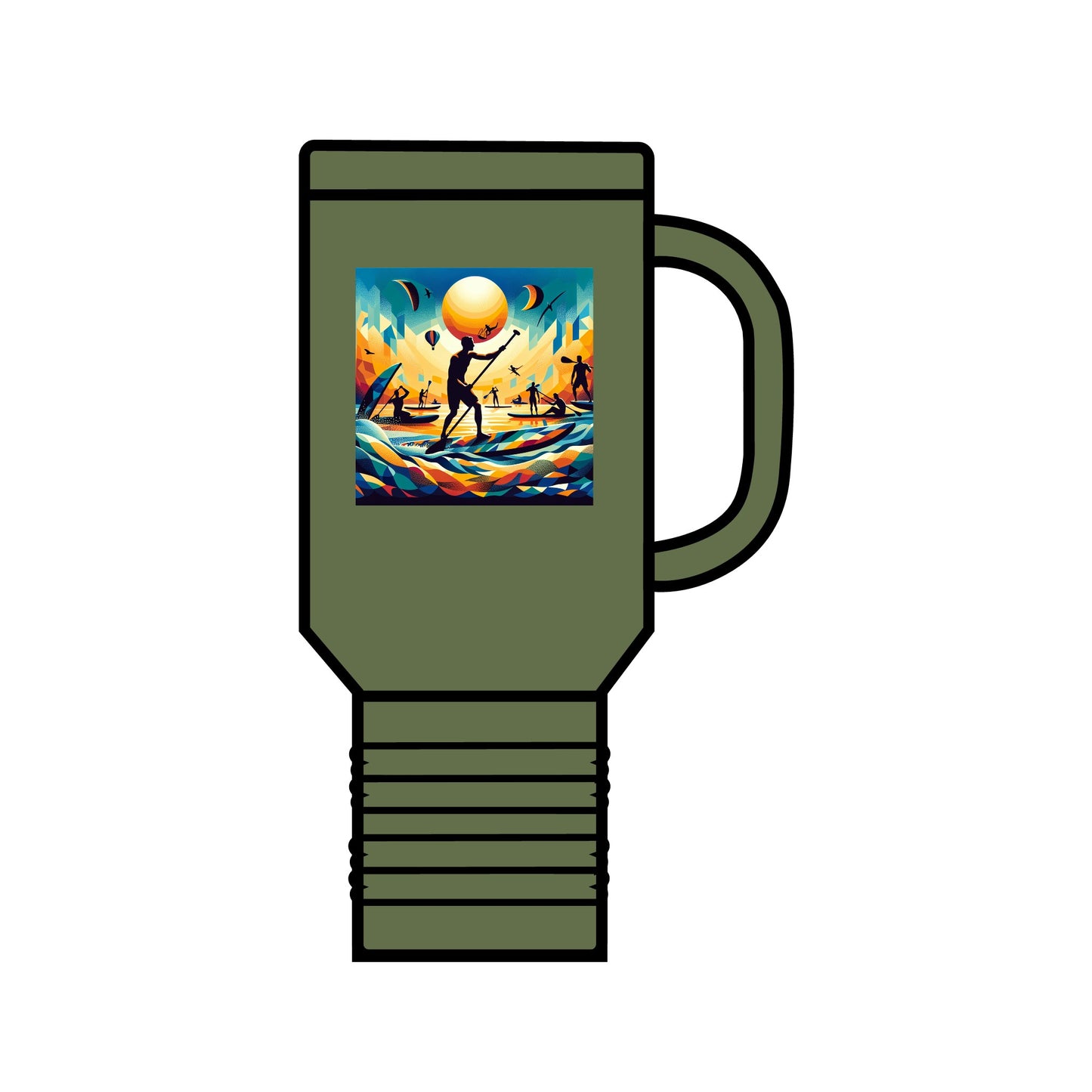 Stylish Fantasy Paddleboarding Insulated Travel Mug in olive green, adorned with a captivating paddleboarding illustration, designed for outdoor enthusiasts.