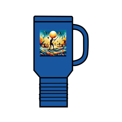 Luxury Fantasy Paddleboarding Insulated Travel Mug in blue with vivid artwork depicting an adventurous scene featuring paddleboarders and a sunset, perfect for keeping beverages at ideal temperatures.