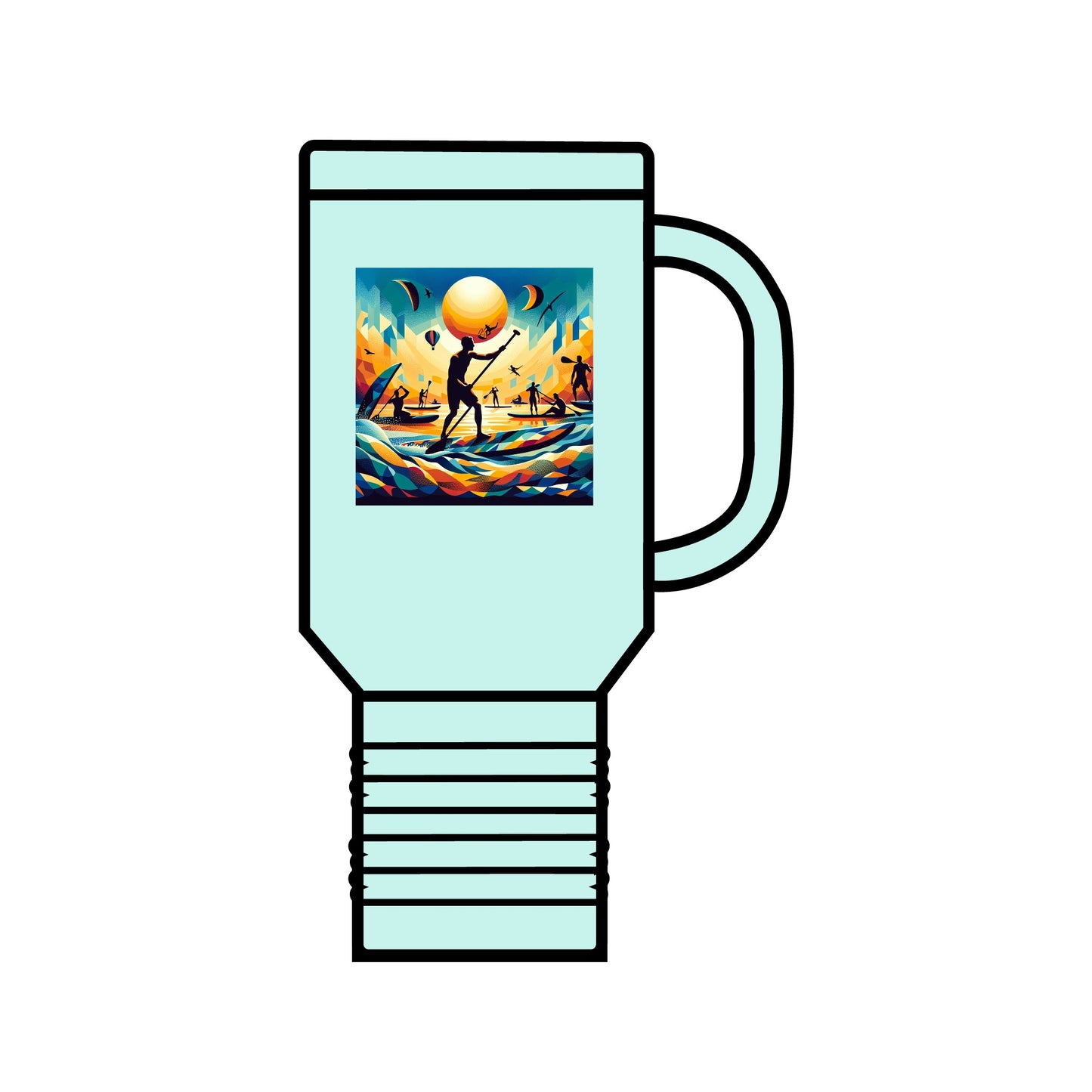 Elegant Fantasy Paddleboarding Insulated Travel Mug in pastel green showcasing stunning artwork of paddleboarding under a sunset, designed for luxurious hydration on the go.