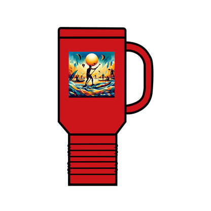 Bold Fantasy Paddleboarding Insulated Travel Mug in red, displaying a vibrant paddleboarding motif, crafted for those who embrace an active lifestyle.
