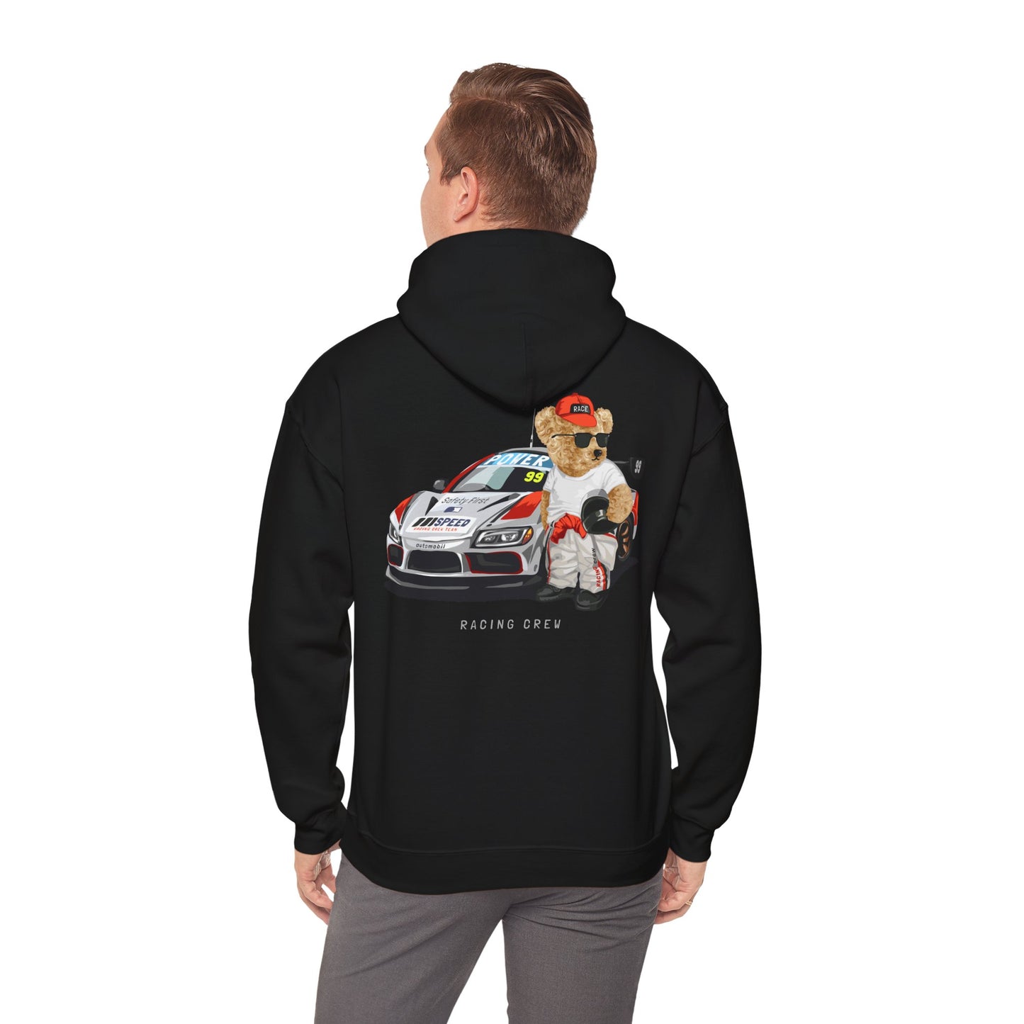 Back view of a sophisticated black hoodie featuring a teddy bear in a racing ensemble, complete with a sporty race car design. A luxurious choice for fans of unique fashion.