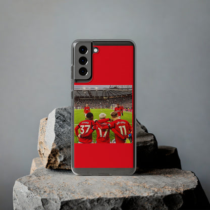 Elegantly displayed Manchester United Mainoo Garnach Hojlund Soft Phone Case with a striking red design, perfect for discerning soccer fans.
