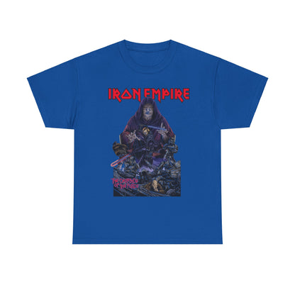 Iron Empire Graphic Tee in vibrant blue with a detailed Darth Sidious and Vader illustration, designed in high-quality cotton.
