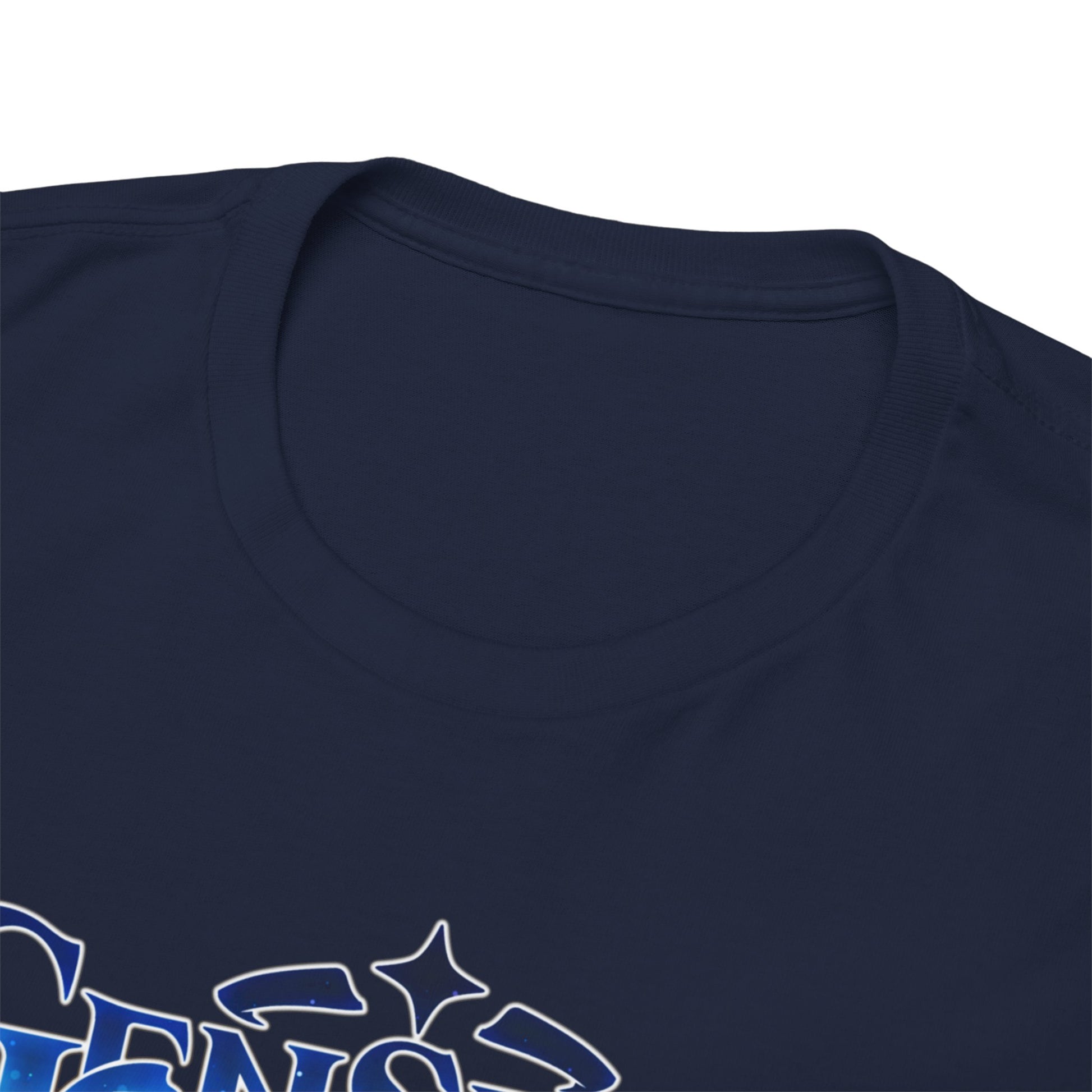 Close-up view of the collar of a premium Genshin Legends T-shirt in navy blue, showcasing its high-quality fabric and luxurious craftsmanship.