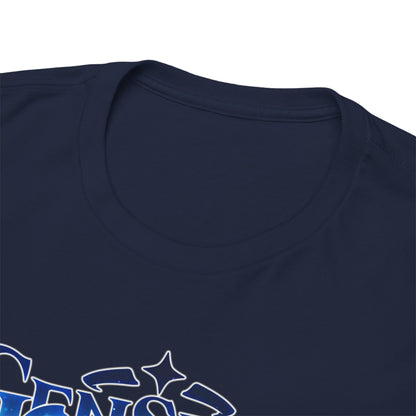 Close-up view of the collar of a premium Genshin Legends T-shirt in navy blue, showcasing its high-quality fabric and luxurious craftsmanship.