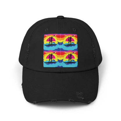 Unisex Distressed Paddleboarders Cap featuring a vibrant fantasy design with paddleboarding imagery for ultimate sun protection.