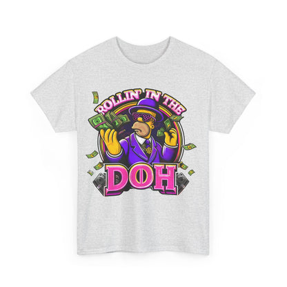 Homer Simpson Graphic Unisex T-Shirt - Front view showcasing vibrant 'Rollin' in the Doh' graphic, a playful yet elegant statement piece for everyday wear.