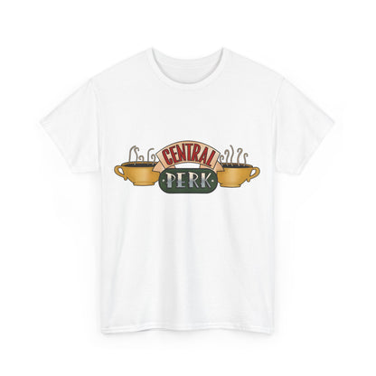 Stylish front view of the Central Perk Coffee Shop Friends Retro Logo Graphic Tee Unisex in white, featuring the Central Perk logo, perfect for fans of the classic sitcom.