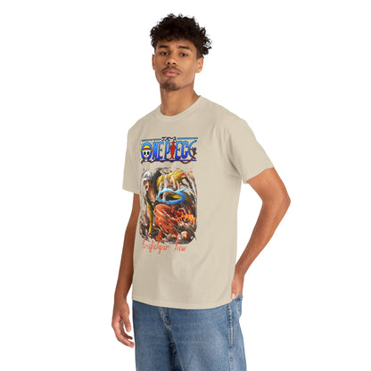 Handsome man wearing a premium beige t-shirt featuring an artistic portrayal of Trafalgar Law from One Piece, blending comfort and style perfectly.