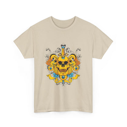Front view of the luxurious Dagger of Destiny Men's T-Shirt showcasing a striking baroque skull design, adorned with intricate floral patterns, vivid orange dragons, and a luminous blue dagger on a neutral background.