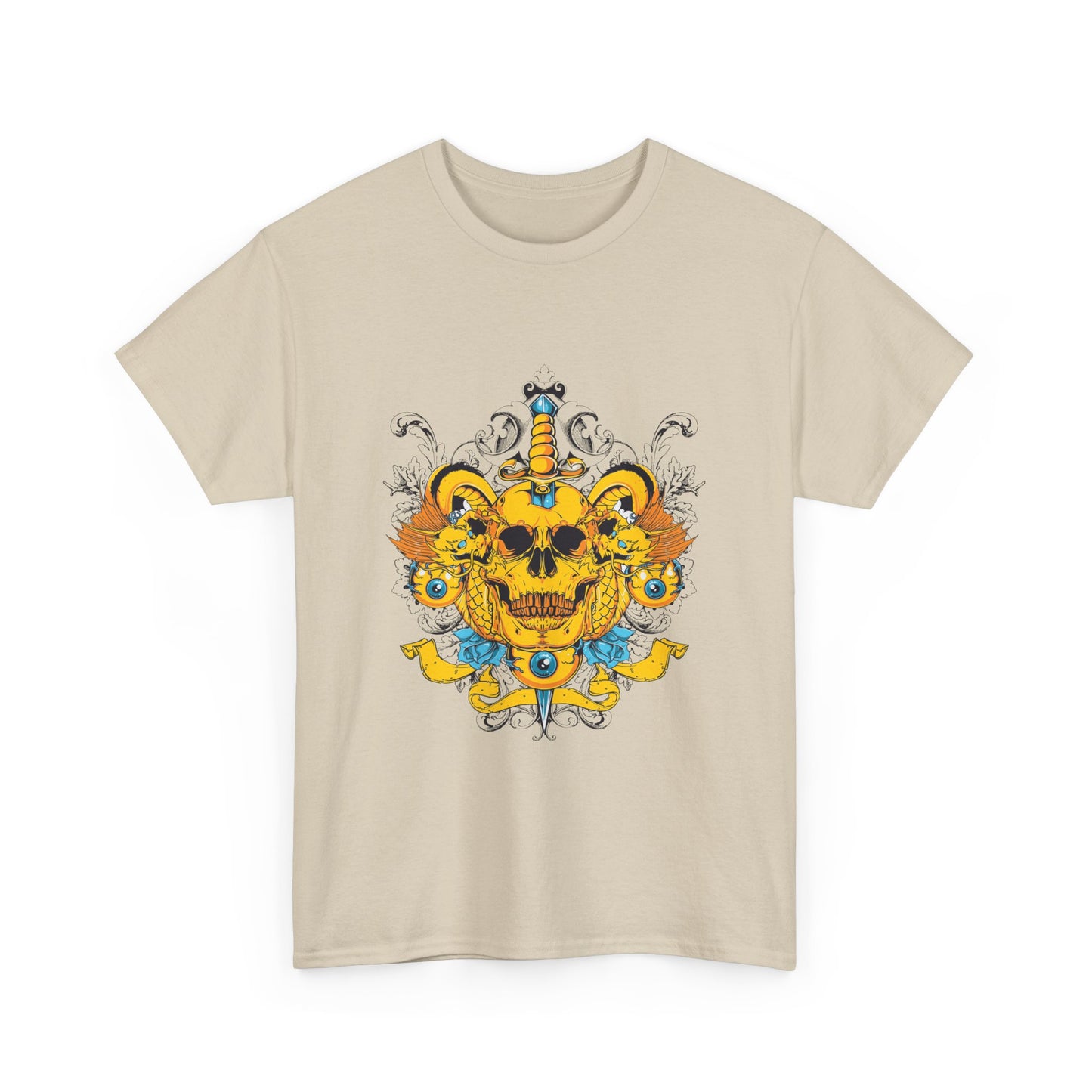 Frontal view of a premium beige men's t-shirt featuring vivid skull and dagger art, merging gothic elegance and contemporary style.
