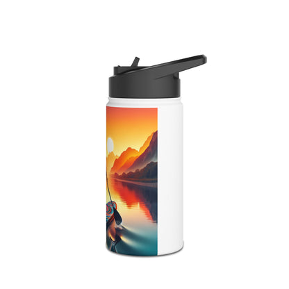 Fantasy Paddleboarding Stainless Steel Water Bottle with a stunning sunset and mountain reflection, designed for luxury outdoor adventures.