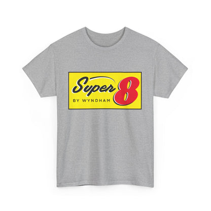 Front view of the grey variant of the Super 8 Retro Logo Unisex Graphic Tee - Nostalgic Vintage Style for Him and Her, showcasing the iconic Super 8 logo in a chic and modern setting.