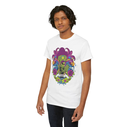 Stylish model showcasing the Vibrant Skeleton Embrace T-Shirt, adorned with a lively skeleton design featuring an octopus and koi fish, perfect for adding a unique flair to any wardrobe.