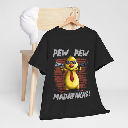 Chic presentation of the Funny Chicken T-Shirt on a wooden chair, paired with a stylish cap, featuring a cartoon gangster chicken and 'PEW PEW MADAFAKAS!' text, ideal for trendy casual outings.