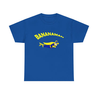 Lavish Limited Edition Bananaman Graphic Unisex T-Shirt in blue, showcasing an artistic superhero depiction with bold yellow lettering, ideal for luxury fashion and comic lovers.