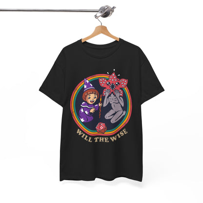 Stylish hanging display of a graphic tee featuring an enchanting illustration of a wizard girl and a creature, adorned with the phrase 'WILL THE WISE'.