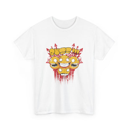 Chic white graphic t-shirt adorned with cheerful yellow smiley faces overlapping stylish red graphics, ideal for expressing creative individuality.