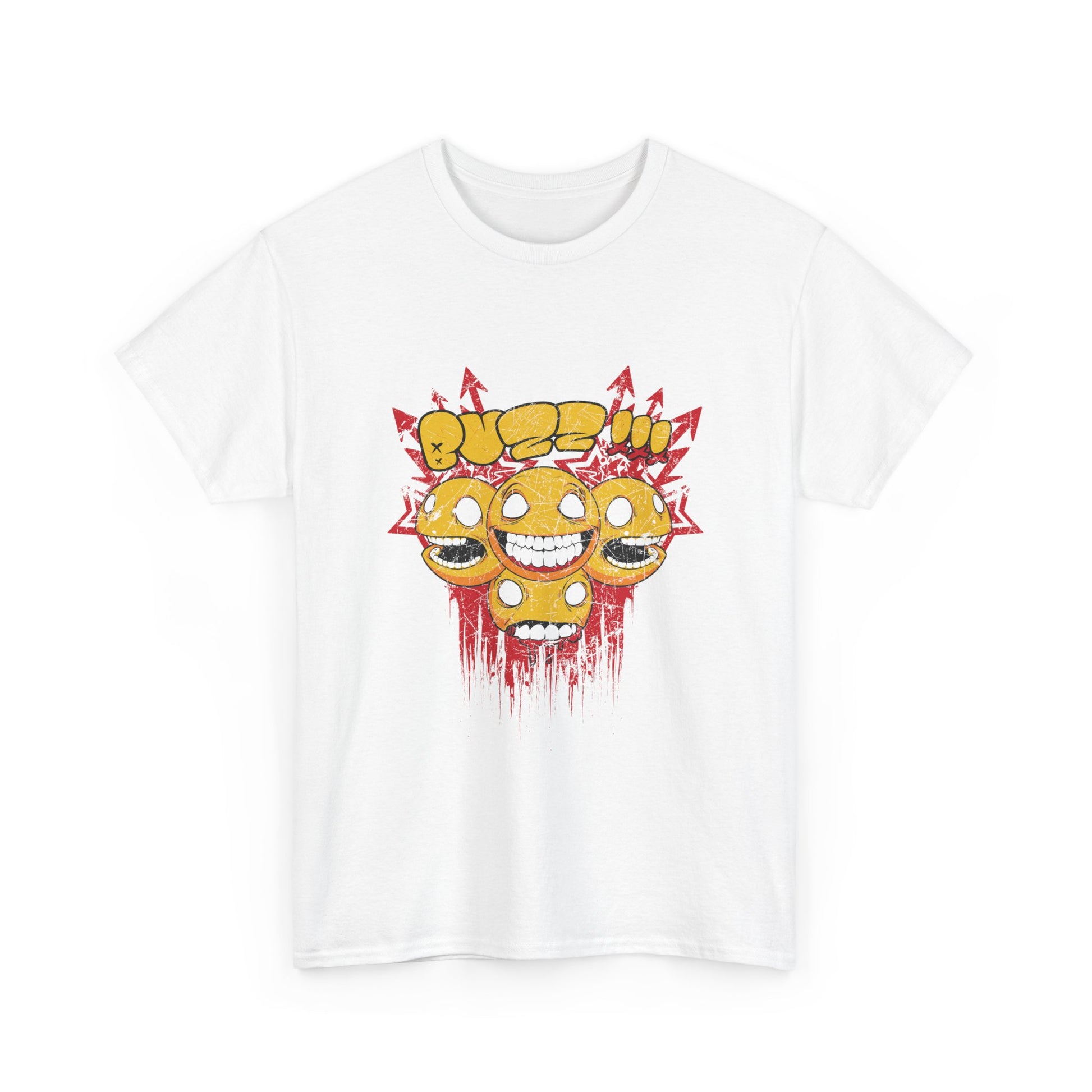 Elegant white t-shirt featuring a striking graphic of smiley faces against a vibrant backdrop, embodying a playful yet luxurious fashion statement.