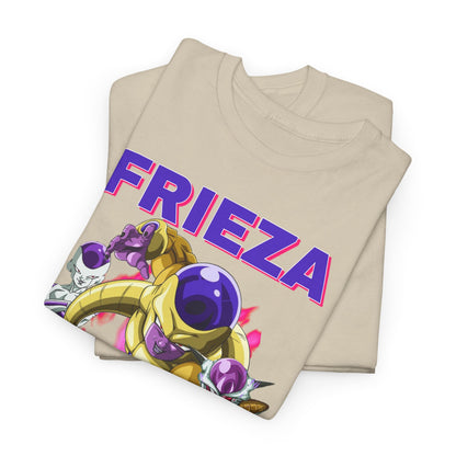Stylish Dragon Ball Z-inspired T-shirt featuring a vibrant Frieza graphic, with bold ‘FRIEZA’ typography in purple and an iconic design perfect for anime fans.