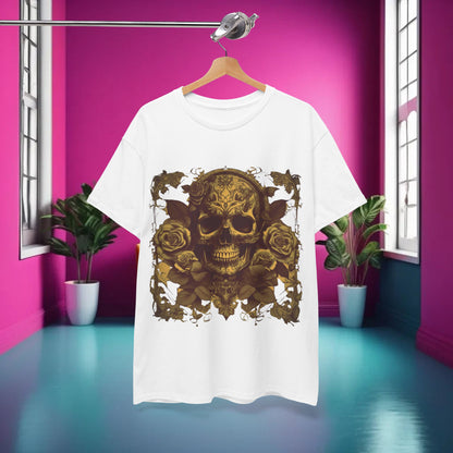 Elegant display of the Skulls and Roses Cotton Tee featuring a stunning graphic design of skulls and roses against a vibrant background, suitable for any fashionable occasion.