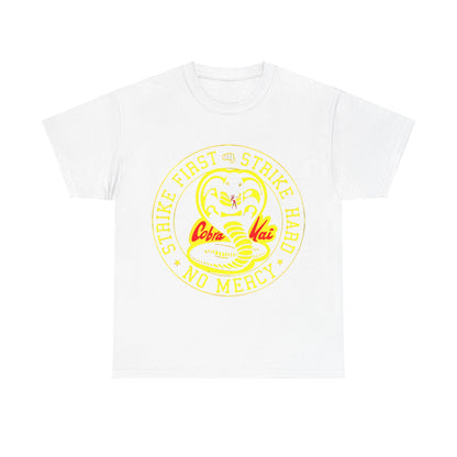 Cobra Kai Graffiti Graphic Unisex T-Shirt in white, showcasing a striking emblem with the words 'Strike First, Strike Hard, No Mercy', ideal for stylish streetwear enthusiasts.