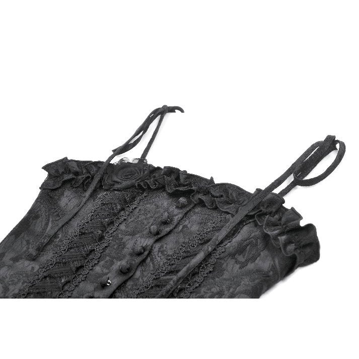 Luxurious Dark in Love Selene Floral Jacquard Corset Top featuring intricate ruffled trims and delicate shoulder ties, perfect for gothic elegance.