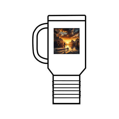 Fantasy Paddleboarding 40oz Stainless Steel Travel Mug featuring a captivating sunset scene with a paddleboarder, perfect for adventure seekers.