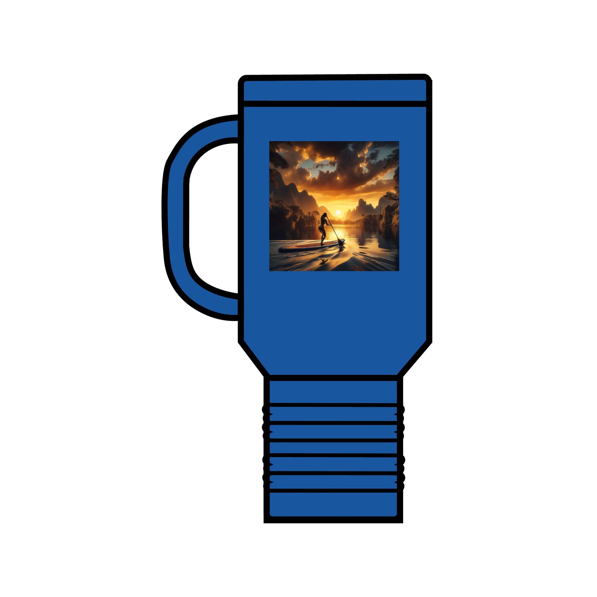 Fantasy Paddleboarding 40oz Stainless Steel Travel Mug in blue, showcasing an artistic depiction of a paddleboarder at sunset, perfect for those seeking elegance and functionality in outdoor drinkware.
