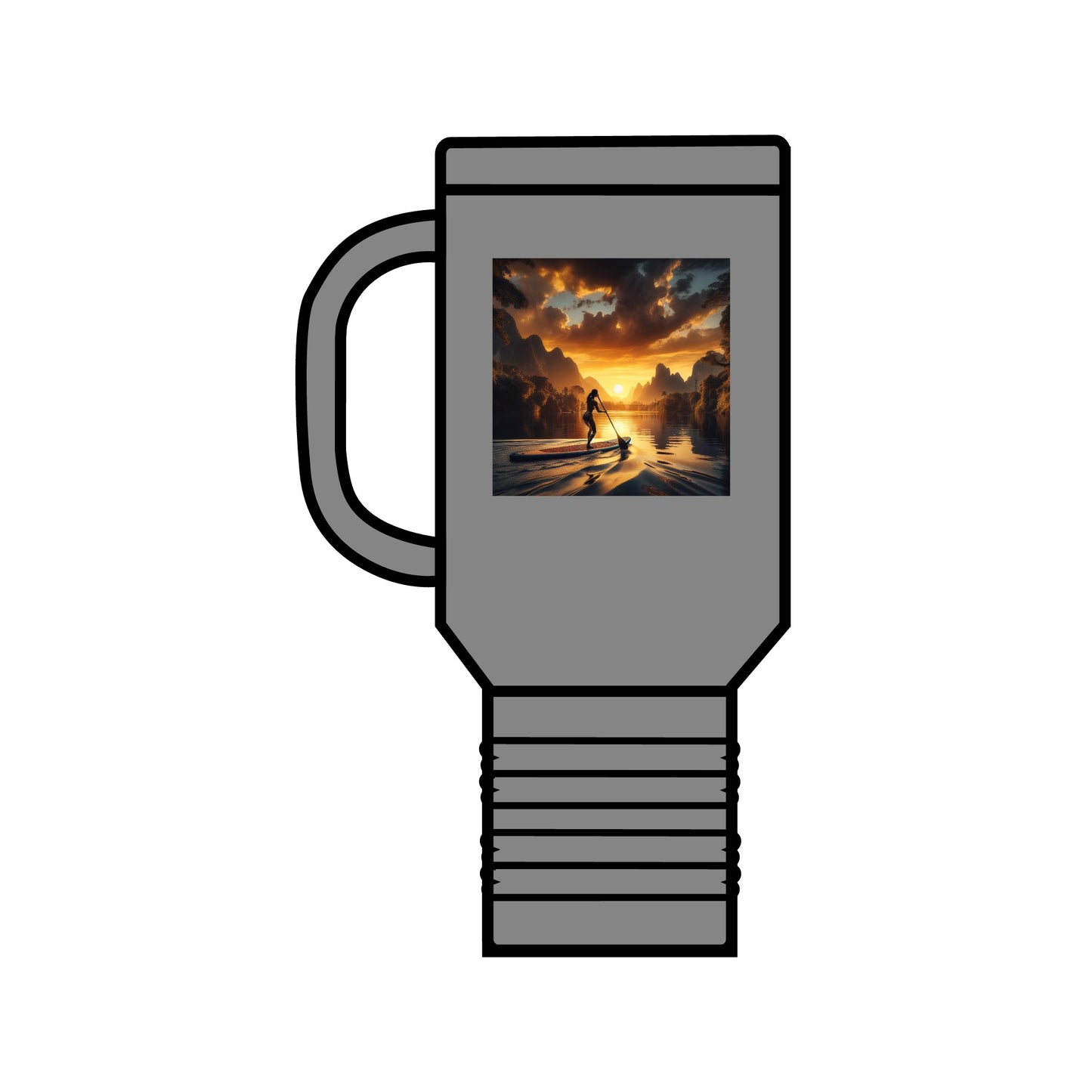 Luxury Fantasy Paddleboarding 40oz Stainless Steel Travel Mug, showcasing an enchanting sunset image with a paddleboarder, ideal for on-the-go hydration.