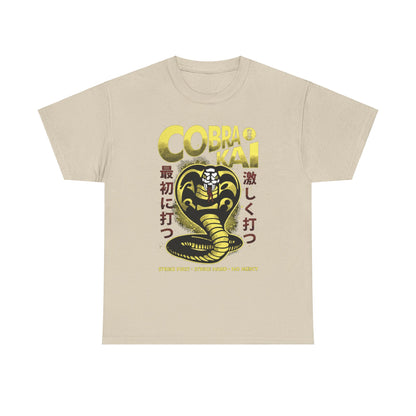 Elegant unisex Cobra Kai graphic T-shirt featuring a striking Cobra emblem, highlighting the phrase 'Strike First, Strike Hard, No Mercy' in a sophisticated design.