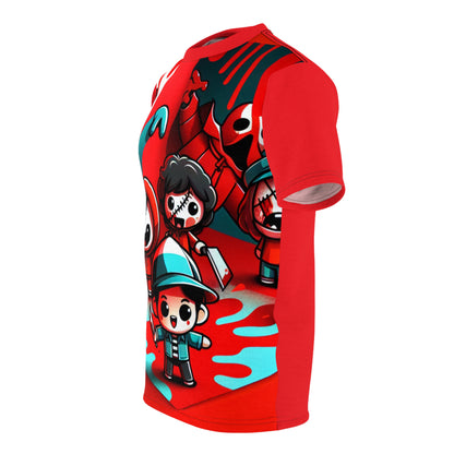 Vibrant cartoon horror scene on a luxurious red background featuring the Spooky Scribblesworth Trendy Tee from Dazzling Dreams Studio.