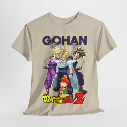 Fashionably draped Gohan T-shirt, showcasing vibrant graphics of beloved characters from Dragon Ball Z, a statement piece for anime fans.