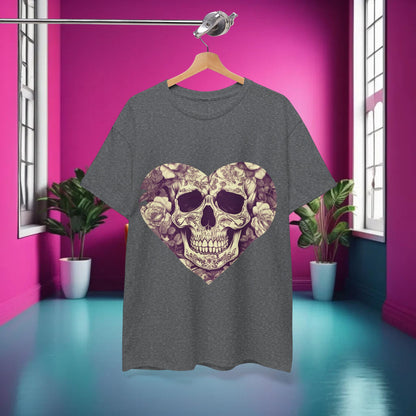 Skulls and Roses Cotton Tee displayed in an artistic indoor setting, highlighting its unique skull and rose graphic in a charming, liveable space.