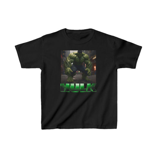 Children's Incredible Hulk Heavy Cotton Tee in black, showcasing a striking Hulk design that empowers kids to feel heroic.