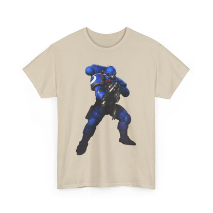 Elegant beige t-shirt with a detailed blue armoured character illustration, embodying a blend of humour and artistry, suitable for both men and women.