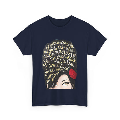 Amy Rehab Lyrics Graphic Tee - Luxurious Unisex Cotton T-Shirt presenting a stunning design with famous lyrics in gold on a navy blue background.