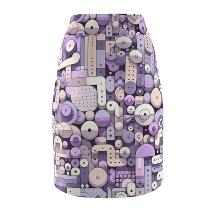 Close-up view of the Vivienne Starling Abstract Pastel Purple Pencil Skirt by Dazzling Dreams Studio, highlighting the intricate abstract patterns and premium fabric.