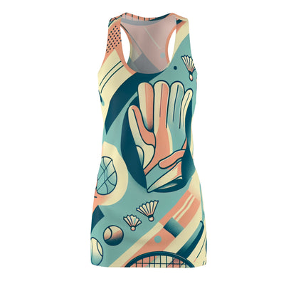 Valentina Sterling Racerback Dress featuring a playful athletic style adorned with pastel sports symbols like baseball mitts, basketball hoops, and tennis racquets, perfect for stylish fitness enthusiasts.