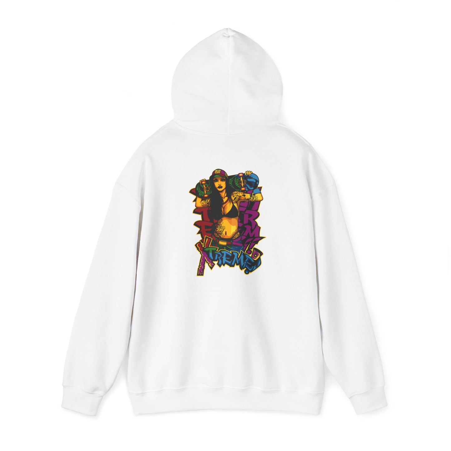Stylish white hoodie with a vibrant skateboarder graphic print on the back, embodying bold street culture.