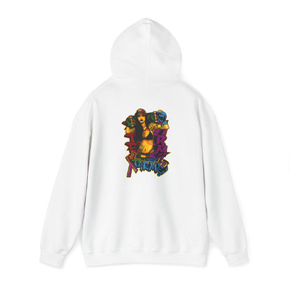 Stylish white hoodie with a vibrant skateboarder graphic print on the back, embodying bold street culture.