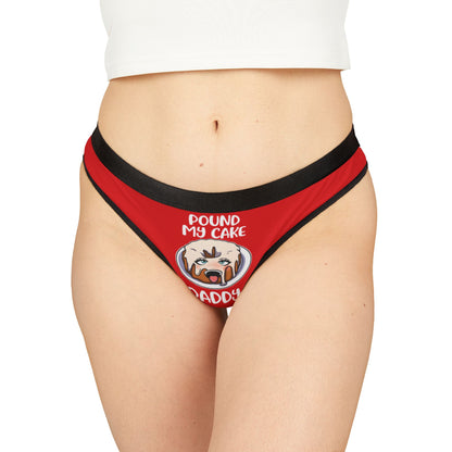 Luxurious red women's thong featuring a humorous graphic design that reads 'Pound My Cake Daddy', perfect for cheeky Valentine's Day gifts.