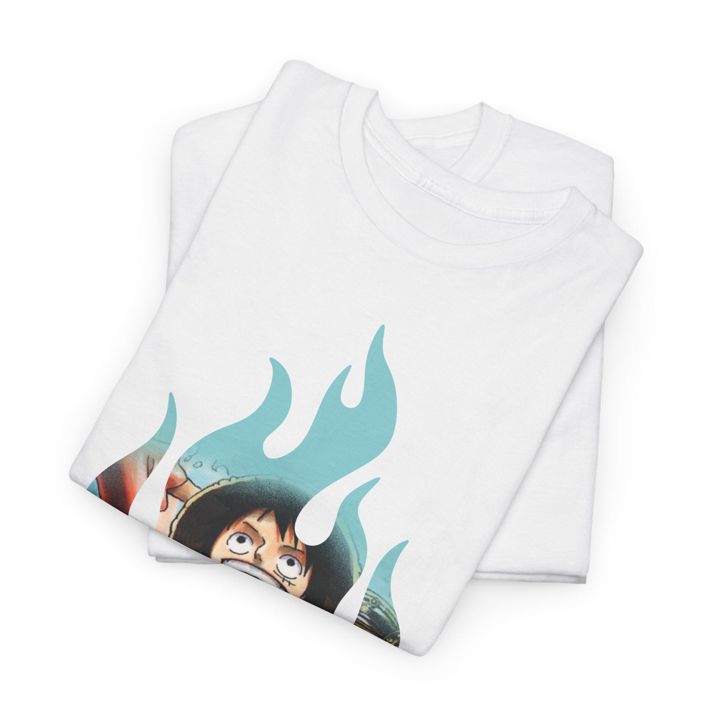 Chic folded view of two luxurious white graphic T-shirts, both adorned with a vibrant character design, perfect for trendy collectors.