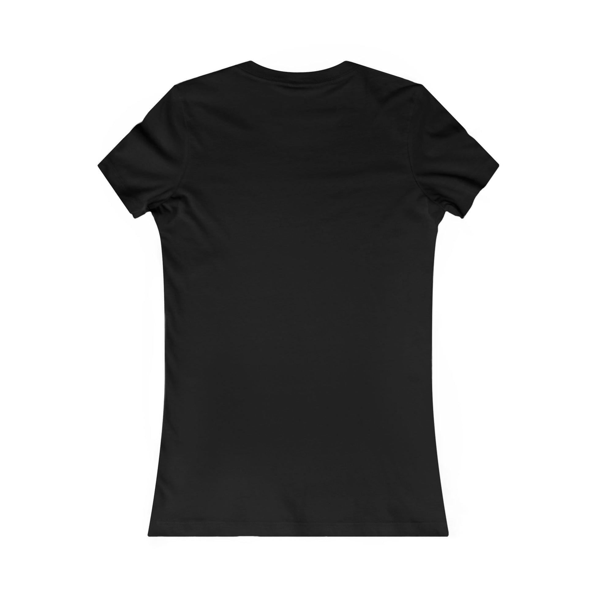 Chic back view of a sophisticated black women's fitted t-shirt, designed for a flattering silhouette and effortless fashion.