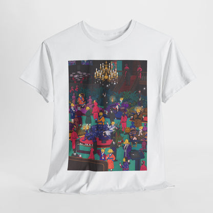 Elegant white t-shirt featuring a captivating illustration from Squid Game, depicting a lavish party atmosphere with a colourful array of characters.