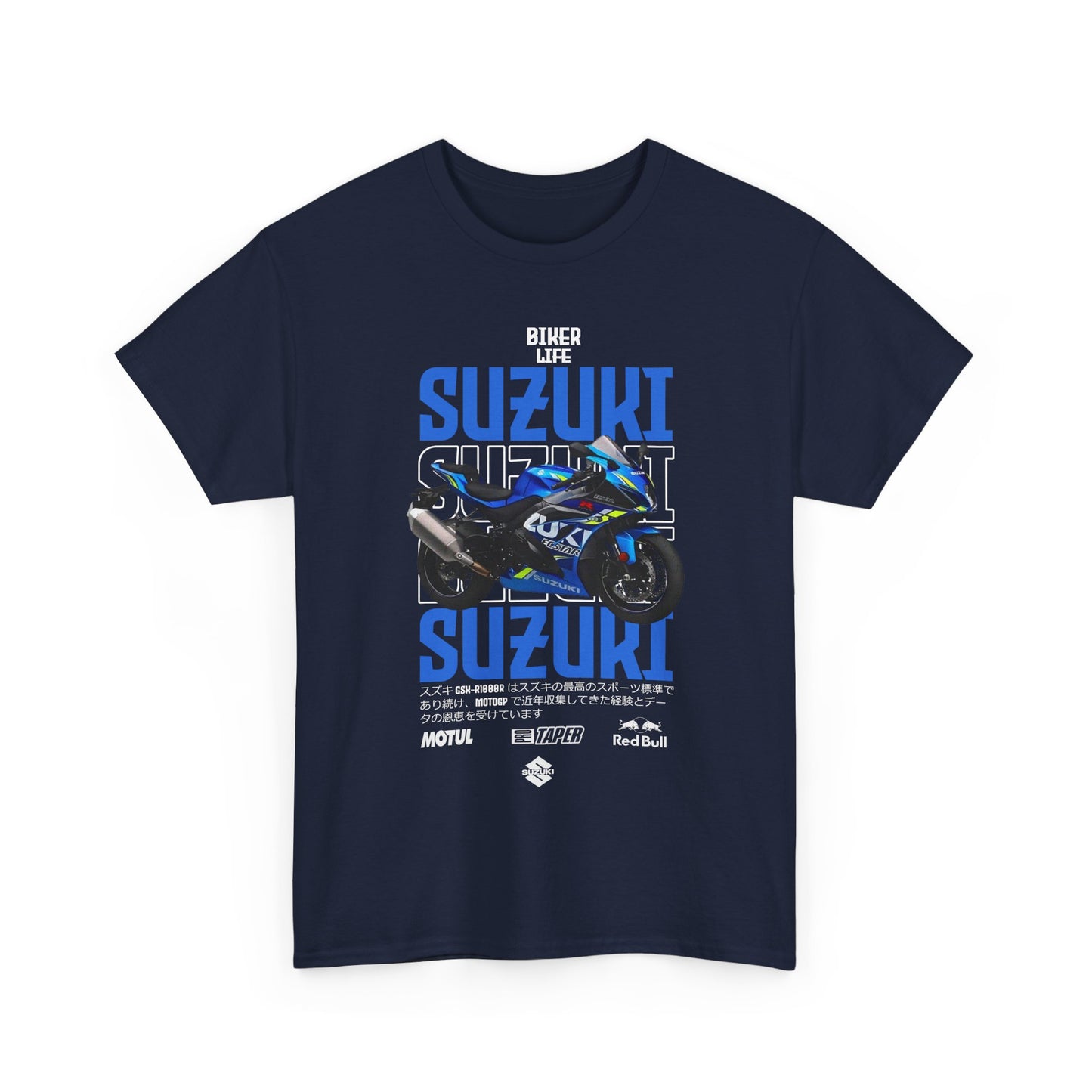 Chic navy men's t-shirt showcasing a striking Suzuki GSX-R1000 motorcycle design with bold lettering, ideal for biking enthusiasts.